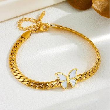 Imagem de Corrente dourada com elos de borboleta branca, corrente cubana, moda feminina, joias artesanais, presentes de Natal para amigos, familiares e amantes