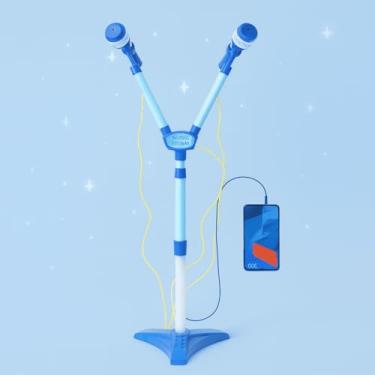 Imagem de Microfone Infantil Duplo Azul com Luzes LED, Pedestal Ajustável e Conexão para Celular