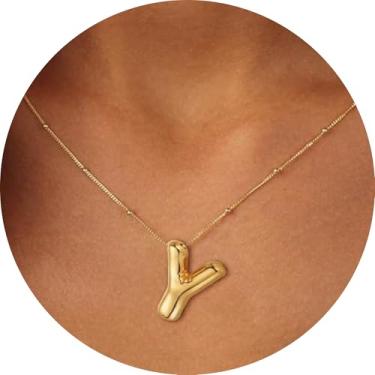 Imagem de Colar feminino com inicial de aço inoxidável banhado a ouro 18K, pingente de letra bolha de A a Z, joia personalizada do alfabeto fofo de A a Z, 18+2in, Aço inoxidável, Sem Pedra Preciosa