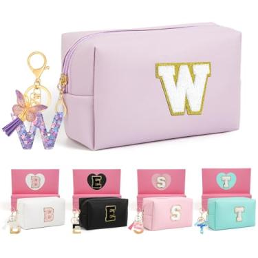 Imagem de AIBFRID 2 peças de bolsas de maquiagem iniciais para mulheres, presentes de aniversário para meninas de 10, 5, 6, 7, 8, 9, 10, 11 e 12 anos, bolsas de cosméticos de viagem, bolsa de maquiagem fofa