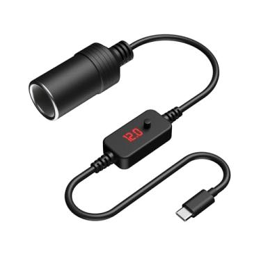 Imagem de Adaptador de tomada de isqueiro USB C macho para 12V 12W Max, soquete de isqueiro de carro, cabo conversor fêmea, ajustável 5V 9V 12V 15V 20V para Dash Cam Power Bank GPS Car Led Light Strips, 1