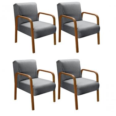 Imagem de Kit 4 Poltronas Anita Moderna Decorativa Braço Madeira Linho Cinza 320