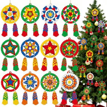 Imagem de 24 peças de lanterna de parol de Natal filipina de madeira filipina ornamentos de Natal para decoração de árvores, ornamentos de pendurar tradicional capiz estrela pingente sinal para presente de