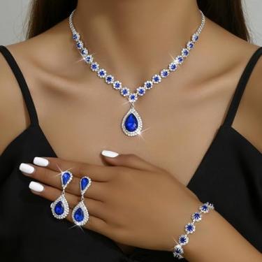 Imagem de Conjunto de joias de casamento azul para noivas, colar de dama de honra, brincos e pulseira, joias de strass de prata, bijuterias formais, acessórios de formatura para mulheres