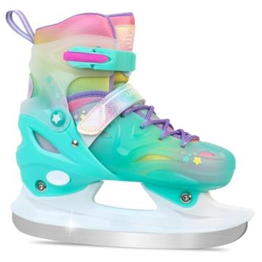 Imagem de LEVYTEMP Patins de gelo ajustáveis para meninas - Sapatos de patinação no gelo - Patins com cadarço de hóquei para jovens iniciantes, rosa, azul, verde