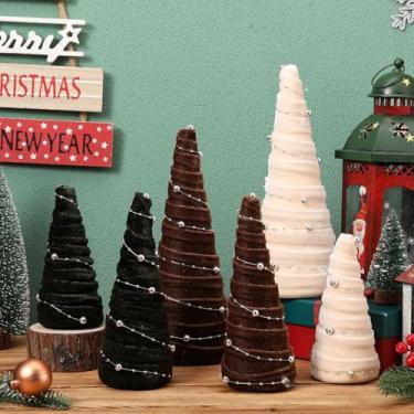 Imagem de Leinuosen Conjunto de 6 peças de árvores de veludo de Natal com cordão de contas, decorações modernas para decoração de mesa interna e árvore de centro de mesa para entrada, decoração de casa de
