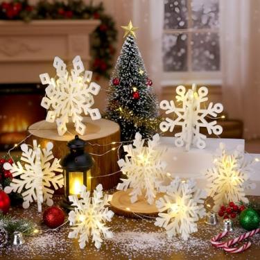 Imagem de AceOrbit 26 peças de centro de mesa de floco de neve branco de Natal, 12 conjuntos de flocos de neve de madeira 3D e 2 peças de placa de 3 metros para lareira de Natal, casa, quinta, inverno, casa das