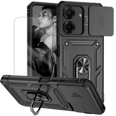 Imagem de Capa para Redmi 13C e Xiaomi Poco C65 Capinha | com 2 peças de protetor de tela temperado com janela deslizante da câmera e suporte para telefone incluídos - Preto