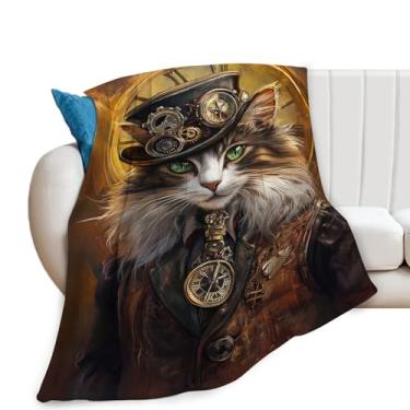Imagem de Cobertor para gatos, cobertor steampunk, presentes para gatos, cobertores steampunk, flanela de pelúcia para mulheres, homens, meninos, meninas, adultos, roupa de cama macia para sofá-cama, escritório