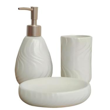 Imagem de Conjunto para Banheiro em Porcelana, 3 Peças, Branco, Design Ondulado, com Dispenser 320ml, Saboneteira e Porta Escovas, Modelo Malta