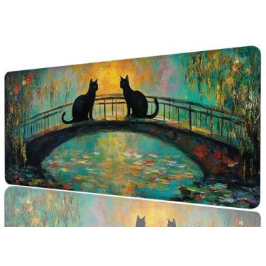 Imagem de Black Cats Mouse Pad Ponte Nenúfares Pintura a Óleo XL Mouse Pad Grande Tapete de Teclado Laptop Estendido Tapete de Mesa Gaming Tapete de Mouse Mat Escritório Computador Teclado Laptop Casa, 31,5 x