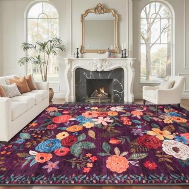 Imagem de Babovid Tapetes de área 22 x 30 cm lavável para sala de estar, tapete grande floral antiderrapante para sala de estar, quarto, casa de fazenda, sala de jantar, sala de jogos infantil (gramado roxo, 23