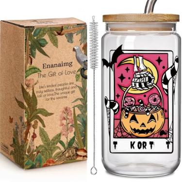 Imagem de Enanaimg Doodle de Halloween Holiday Doodle Spooky Ghost 473 ml Copo de vidro amigo presente para mulheres dela, copo de café assustador gelado de 473 ml com canudo e tampa, copo de morcego fantasma