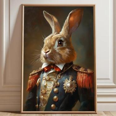 Imagem de Retrato de coelho arte de parede cavalheiro animal tela vintage coelho pintura animais vitorianos imagens de coelho marrom arte vintage animal tela engraçada coelho pôster decoração sala de estar 40,6