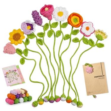 Imagem de GarfxG Kit de crochê para iniciantes, 10 marcadores de flores, kit de crochê para adultos, inclui fio de tricô, tutorial passo a passo, gancho, presente de aniversário de Natal para amigos e famílias