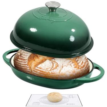 Imagem de Davivy Forma oval de ferro fundido com tampa de 6 qt, forno holandês para pão de fermento, assadeira antiaderente de ferro fundido com tampa, com tapete de silicone - verde floresta
