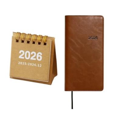 Imagem de Conjunto de calendário e planejador de bolso 2026, tamanho compacto com capa marrom escuro, inclui visualizações mensais e semanais para facilitar o agendamento, perfeito para viagens e uso diário