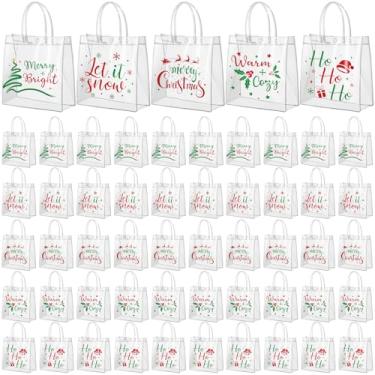 Imagem de Canchiing 50 sacos de presente transparentes de Natal com alças reutilizáveis de plástico para doces de Natal, sacolas de presente de PVC para compras, varejo, aniversário, inverno, lembrancinhas de