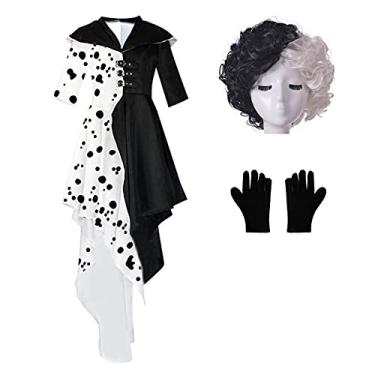 Imagem de Vestido de fantasia feminino Cruella Deville 2021 Cruela Dálmata fantasia de Halloween com luvas conjunto completo (tamanho dos EUA) (Tipo 3, 2GG)