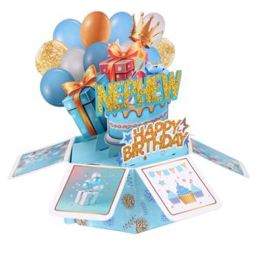 Imagem de Cartão Aniversário Pop-up para Sobrinho, Cartão 3D Colorido com Balões & Fogos de Artifício Criativo com Envelope para Meninos