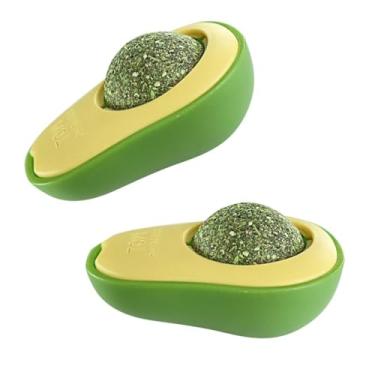 Imagem de Kit 2 Brinquedos Interativos para Gatos em Formato de Abacate com Catnip, Verde e Amarelo, Gira 360°, 6x5x4cm