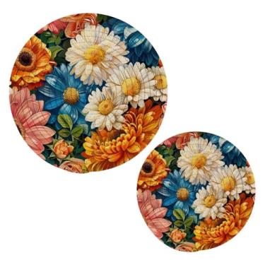 Imagem de Blueangle 2 peças de suporte de panela de margaridas - conjunto de pegadores de panela de tecido redondo - almofadas quentes trançadas de algodão - porta-copos - tapetes de mesa para cozinhar e assar