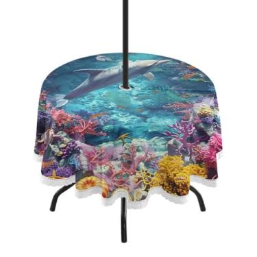Imagem de Blueangle Toalha de mesa redonda de recifes de corais coloridos à prova d'água de 152 cm com orifício para guarda-chuva - Tecido resistente para todos os climas à prova de sol para pátio, acampamento