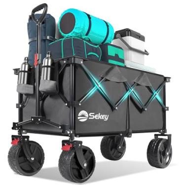 Imagem de Carrinho dobrável com rodas grandes para todos os terrenos, com porta-copos, carrinho utilitário para acampamento, jardinagem, atividades ao ar livre, compras, esportes Cinza