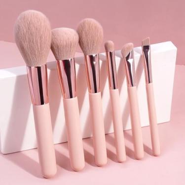 Imagem de Conjunto de pincéis faciais, 6 pincéis de maquiagem profissionais para corretivo e sombra, cerdas macias e cabos de madeira (rosa)
