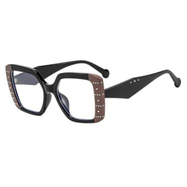 Imagem de Armação de óculos feminina da moda, com lentes transparentes e rebites, estilo vintage (preto e marrom).