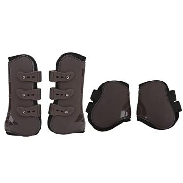 Imagem de CUOFYUNL 4 peças botas de perna traseira de cavalo PU neoprene protetor de tendão de cavalo equipamentos de proteção de cavalo (Conjunto de frente e verso marrom Médio)