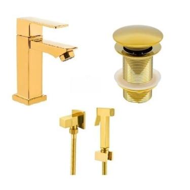 Imagem de Kit Torneira banheiro Moderna Metal Inox Lavabo Cuba 1/2 Cromada + Ducha Higiênica Inox + Válvula Click 11/8 Furo.(Dourado)