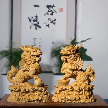 Imagem de FENNYYAR Um par de estátua de mascote Kirin esculpida em tronco natural, 10 cm, 9,9 cm, sala de casa, escritório, felizmente, estátua Feng Shui