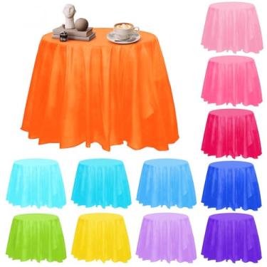 Imagem de mekueeex Pacote com 12 toalhas de mesa redondas de cores sortidas de 213 cm, panos de plástico descartáveis para aniversário, casamentos, festas, festas, festas, eventos, fotografia, toalha de mesa