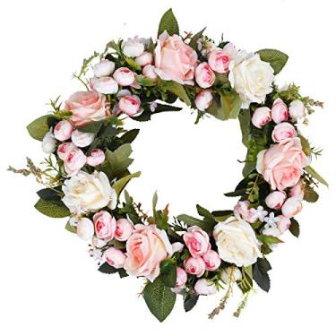 Imagem de Guirlanda floral rosa para decoração de casa o ano todo - guirlanda de rosas vibrantes para portas da frente, paredes e jardins - decoração de fazenda ao ar livre com flores artificiais e vibrações de