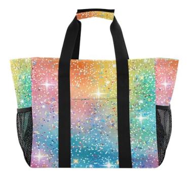 Imagem de Wassud Sacolas de compras reutilizáveis com glitter arco-íris grande bolsa organizadora de lona impermeável para praia, piquenique, lavanderia, viagem
