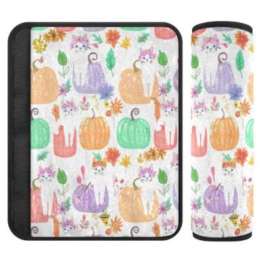 Imagem de Burbuja Capa para cinto de segurança de carro White Cats in Pumpkins Protetor de cinto de segurança de carro macio confortável para alça de ombro de assento, 1 par pequeno