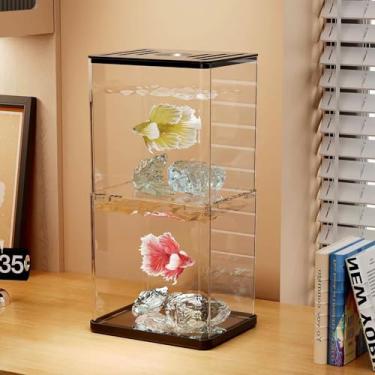 Imagem de Tanque de peixes Betta pequeno, pacote com 2, mini aquário de 0,3 galão com base ajustável, cascalhos e cristal de resina, aquário de acrílico para casas ou escritórios, ideal para peixes beta, peixes