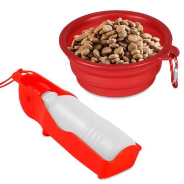 Imagem de Conjunto de viagem para animais de estimação: garrafa de água portátil e tigela dobrável para hidratar cães e gatos durante viagens. (VERMELHO/LARANJA)