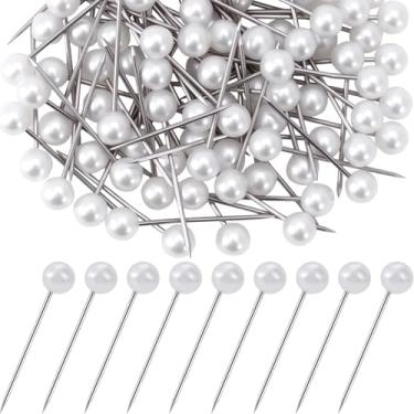 Imagem de Hzopcw 50 peças de pinos de pérola, tachas de polegar de costura de cabeça de pérola, alfinetes de buquê retos redondos alfinetes decorativos para fotos, quadros de mapas, casamento, acessórios para