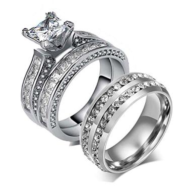 Imagem de LOVERSRING Conjunto de alianças de casamento masculinas de aço inoxidável CZ preenchidas com ouro branco para ele e para ela, women's size 10 & men's size 12, Aço inoxidável, Ágata