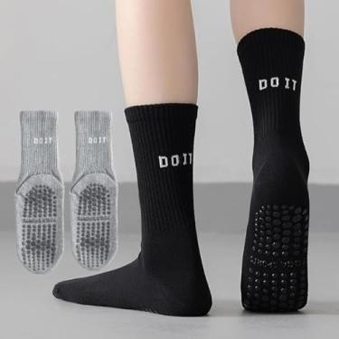 Imagem de Meias femininas de Pilates com aderência, 2 pares de meias esportivas para ioga, balé, hospital, academia, academia, Preto, cinza, Medium