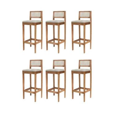 Imagem de Kit 6 Banquetas Assento Encosto Estofado em Linho Hellen cor:mel com p