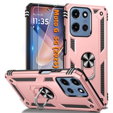 Imagem de Capa para Motorola Moto G 5G 2025 com 2 peças de protetor de tela HD, suporte de anel magnético com capa de celular resistente [ ] Capa protetora para Moto G 5G 2025, ouro rosa