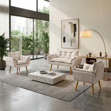 Imagem de Kit Namoradeira Decorativa E 2 Poltronas Confortável Para Sala Recepção Manicure Consultório Escritório Alice Tecido Suede