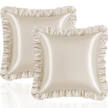 Imagem de Eychei Conjunto de 2 fronhas cáqui com babados europeus, 66 x 66 cm, fronhas de cetim para cabelo e pele, fronha de seda com fecho de envelope, fronha com babados antirugas para sofá, cama