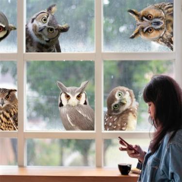 Imagem de PLIGREAT 6 folhas de adesivos realistas de janela de coruja, adesivos fofos para janelas em aquarela para quarto de bebê, sala de aula, porta de vidro deslizante, decoração de casa