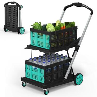 Imagem de Carrinho de compras dobrável, carrinho de compras dobrável com 2 caixas de armazenamento, capacidade de 158 kg, carrinhos de supermercado, escritório e atividades ao ar livre