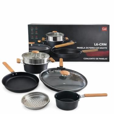 Imagem de Kit Panela de Ferro REFORÇADO, 6 itens completo Fundido, tampas de vidro, cabos de madeira, Ferro GROSSO, Antiaderente