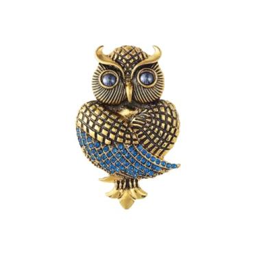 Imagem de Broche de coruja azul dourado elegante com strass vívido para mulheres, design vintage de cristal incrustado, broche de coruja, inseto, esmaltado, acessórios de joias para chapéu de lapela terno